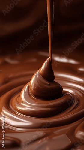 Decadent Milk Chocolate Cascade Pouring Chocolate Creating Swirls and Delicious Textures in a Close Up Shot