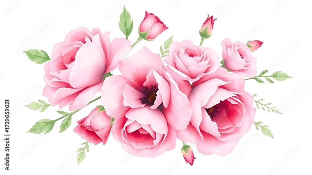 Obraz premium Delicate watercolor floral wreath featuring pink roses, painted with soft brush strokes on white.