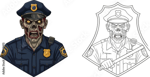 Zombie police officer illustration, scary undead cop art, creepy monster policeman drawing, horror character vector, spooky Halloween artwork, infected law enforcement design