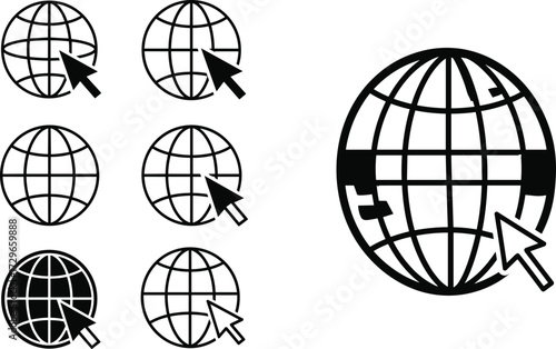 globe with cursor, internet access icon, world wide web symbol, global connectivity design, online navigation graphic, digital communication element, website interaction illustration
