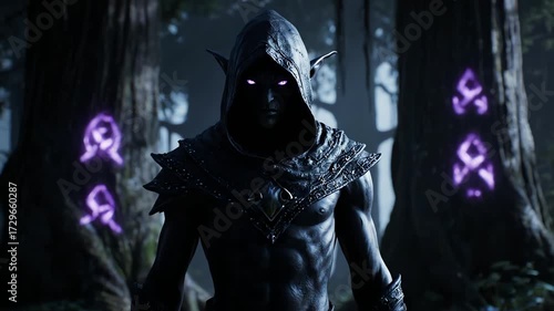 4k, halloween image of a dark elf warrior standing menacingly in a shadowy forest with glowing eyes and mystical symbols, creating a chilling and ominous scene.