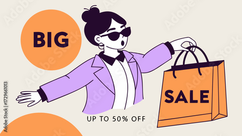 woman with shopping bags vector. Trendy woman celebrating a big sale, carrying shopping bags with discounts up to 50% off. Shopping banner vector. Big sale banner.