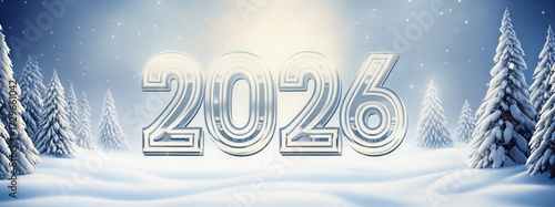 Dreamy Winter Landscape with Vintage Retro Postcard Look and Glowing 2026 Typography