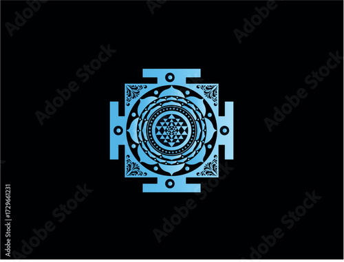 Intricate blue tone Sri Yantra sacred geometry symbol on black background