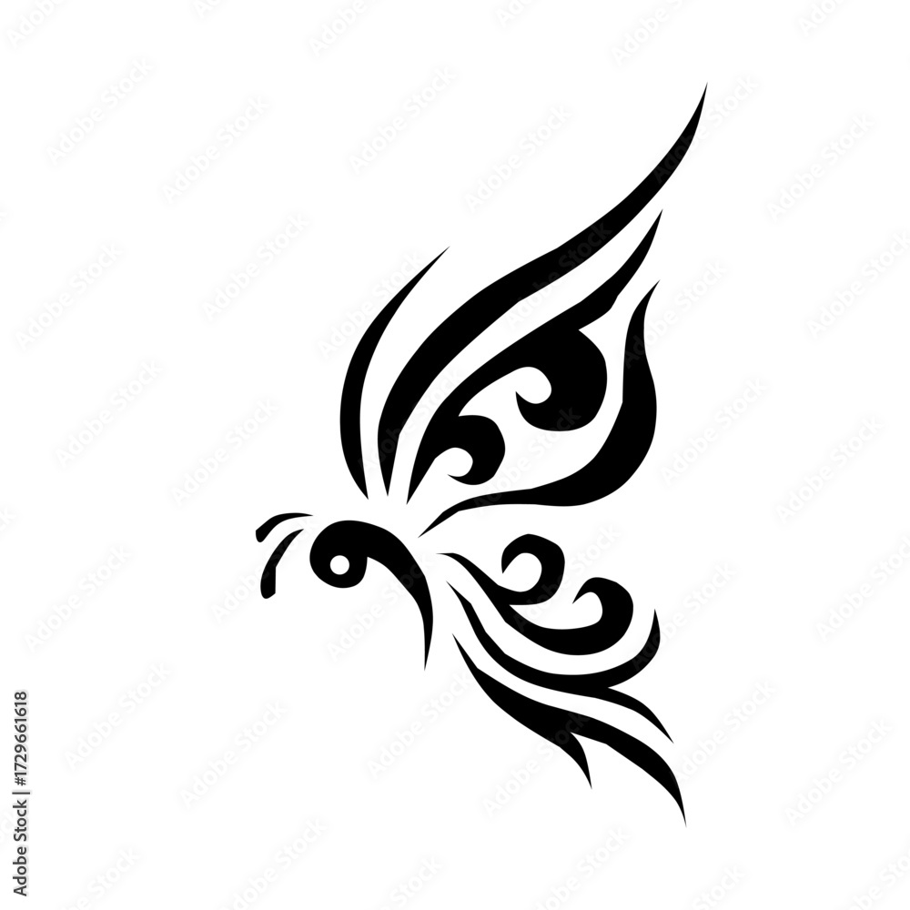 Obraz premium A stylized tribal butterfly tattoo vector. This monochrome design features flowing, elegant lines and intricate swirls, symbolizing grace, transformation, and freedom. Ideal for print or skin art.