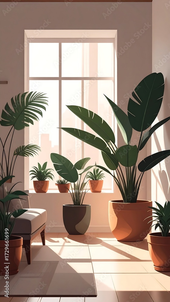 Fototapeta premium Sunlit room with various potted plants near a large window