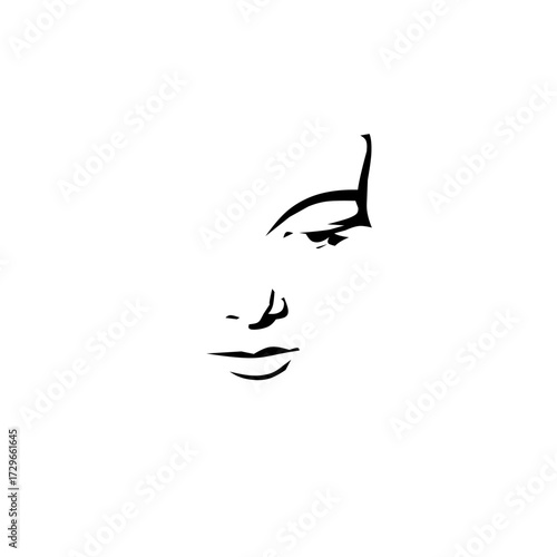 Minimalist black and white portrait. Elegant line art of a partial female face, capturing a serene and thoughtful expression with simple, bold strokes.