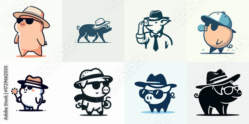 vector illustration set of cartoon pigs wearing hats