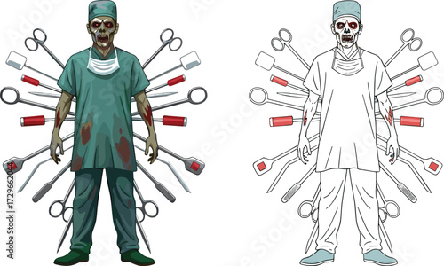 Zombie surgeon illustration, undead doctor artwork, creepy medical character drawing, horror zombie design, scary cartoon surgeon, spooky undead hospital vector graphic