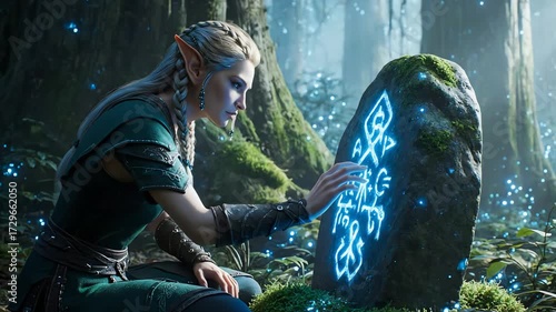 4k close-up of a thoughtful elf kneeling in a lush forest, gently touching a glowing, inscribed stone with intricate patterns, rendered in cinematic style and mystical