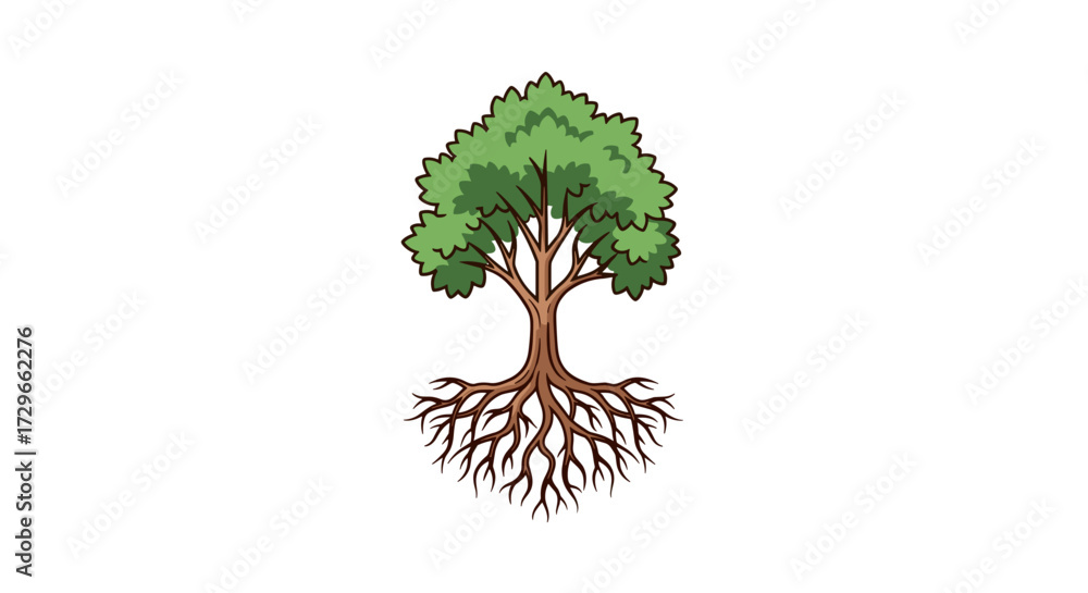 Naklejka premium Vibrant green tree with intricate roots growing upwards, a symbol of life and nature, isolated on transparent background, detailed vector illustration svg.
