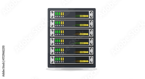 Modern server racks with status lights, crucial for data centers, cloud computing, and IT networks. SVG vector illustration, isolated on transparent background.