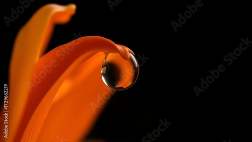 An extreme close-up of an orange flower petal with a water droplet, revealing delicate refractive details.