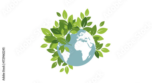 Global Earth with abundant green leaves, a vibrant vector illustration symbolizing environmental protection, ecology, and sustainability, isolated on transparent backdrop.