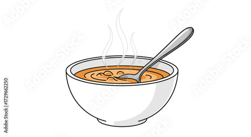 Hot soup in a white bowl with a spoon, steaming warmly, a delicious and comforting meal graphic vector illustration isolated on transparent background.