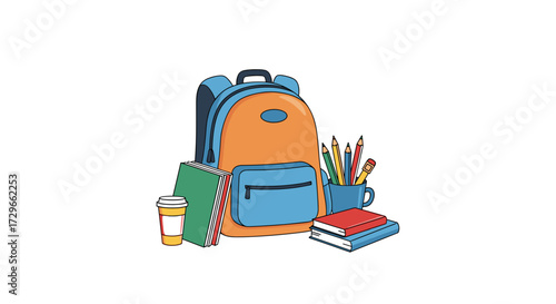 Backpack, books, pencils, coffee cup. Essential items for education, student life, and learning activities. Isolated on transparent background, vector illustration, svg.