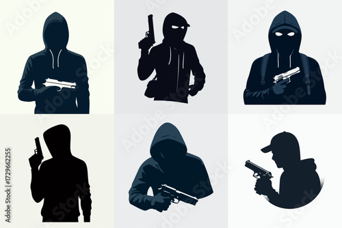 vector illustration set of robbers carrying guns