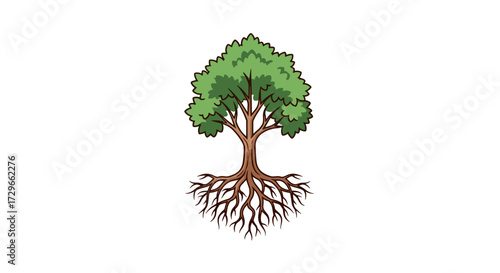 Vibrant green tree with intricate roots growing upwards, a symbol of life and nature, isolated on transparent background, detailed vector illustration svg.