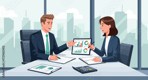 Two business people analyze financial data, discuss strategy in a contemporary office building. SVG vector illustration isolated on transparent background.