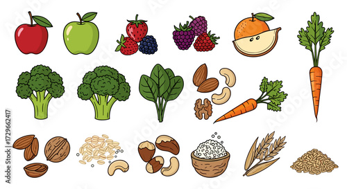 Diverse organic healthy food elements for a balanced diet, including fresh fruits, vegetables, nuts, grains. SVG vector illustration, isolated on transparent background.
