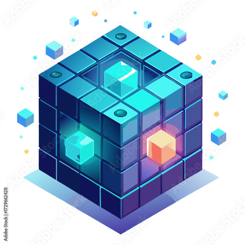Isometric, high-tech data cube or storage block with glowing internal nodes. Represents blockchain, data security, cloud storage, computing, and abstract technology.