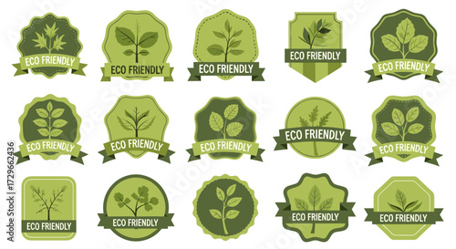 Eco-friendly green organic badges with leaf designs for sustainable branding, isolated on transparent background, svg vector illustration.