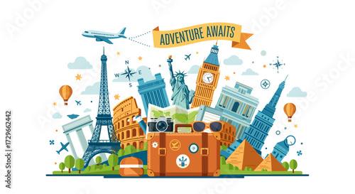 Global adventure vector illustration showcasing iconic world landmarks and travel essentials, perfect for exploring international destinations, isolated on transparent background.