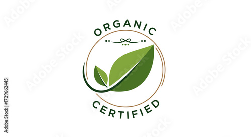 Vector illustration svg of an organic certified label with green leaves. Ideal for natural, healthy products. Isolated on transparent background.