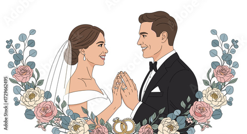 Joyous bride and groom holding hands, framed by delicate floral wedding wreath and rings. Vector illustration, SVG, isolated on transparent background.