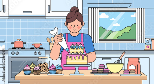 Joyful woman artistically decorating a delicious layered birthday cake with pink frosting and colorful sprinkles in a modern home kitchen, vector illustration, svg.
