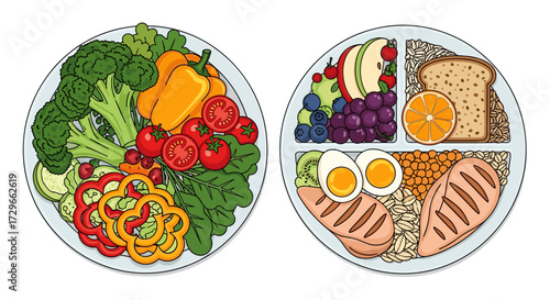 Balanced healthy meal plates, diverse nutritious foods: vegetables, fruits, proteins, and grains. Vector SVG illustration, isolated on transparent background.