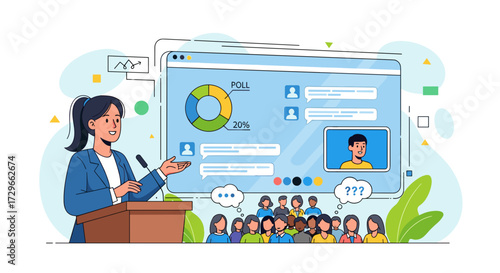 Woman presenting business insights and data analytics to an engaged audience onscreen, vector illustration svg isolated on transparent background.