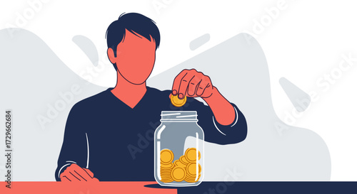Man saving coins in jar, symbolizing finance, investment, and future security. SVG vector isolated on transparent background.