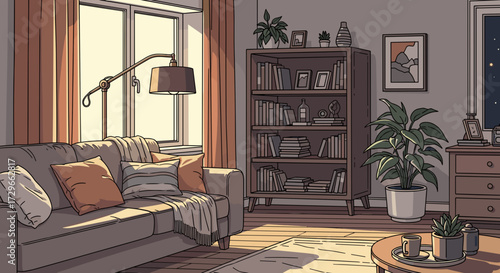 Cozy living room interior with comfortable sofa, sunny window, bookcase, and decorative house plants, svg vector illustration isolated on transparent background.