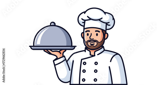 Professional male chef presenting a delicious meal on a silver tray with a cloche, isolated on transparent background, detailed vector illustration svg graphic.