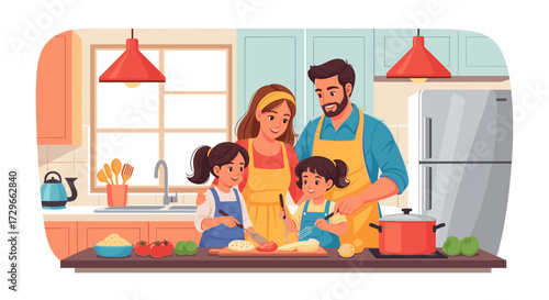 Happy family cooking together in a modern kitchen, with parents and two daughters preparing a healthy meal at home, full vector illustration, svg, isolated on transparent background.
