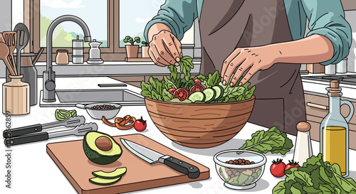 Person's hands adding fresh green leafy vegetables to a large salad bowl on a kitchen counter, preparing healthy food, svg vector illustration on transparent background.