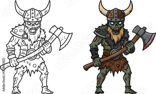 Zombie viking warrior with battle axe, undead barbarian fighter, scary monster character, horror medieval illustration, spooky Halloween artwork, cartoon zombie warrior