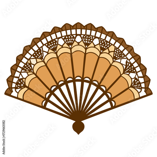An elegant, open folding fan with brown and beige lace details, suggesting Spanish culture or a classic accessory for cooling and decoration.