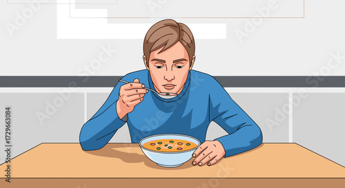Young man eating a warm, comforting bowl of soup with a spoon at a simple kitchen table, captured as a vector illustration isolated on transparent background.