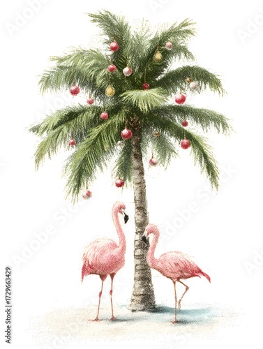 Two pink flamingos stand near a palm tree decorated with Christmas ornaments on a white background scene.