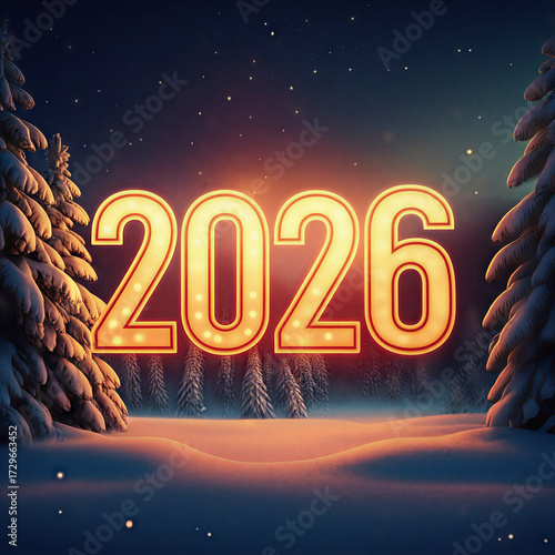 Dreamy Winter Landscape with Vintage Retro Postcard Typography 2026