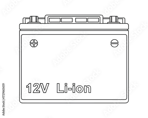 Illustration of a twelve volt lithium-ion car battery component, isolated on white