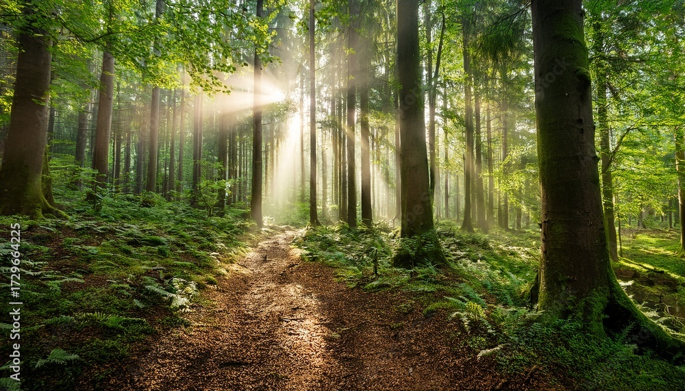 Obraz premium Serene Forest Scene With Sunlight Filtering Through Trees Creating A Magical Atmosphere