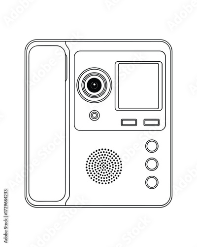 Intercom system with camera and display screen, vector illustration line art, modern device for home security and communication, white background, minimalism style