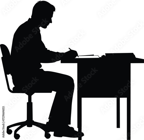 A focused businessman diligently working at his desk writing notes in a clear silhouette against a white background silhouette