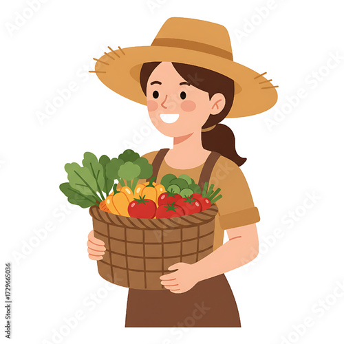 Happy Female Farmer with Fresh Organic Vegetables Harvest Basket Illustration