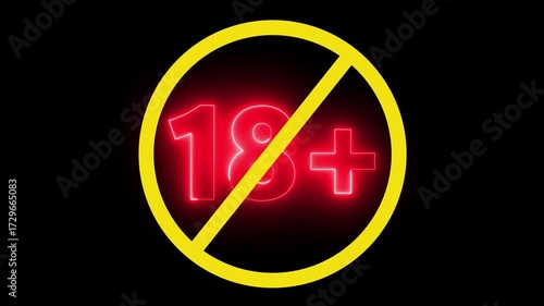18 plus icon sign animation on dark background. Under 18 sign warning symbol. Over 18 only censored. eighteen age older.  4K video