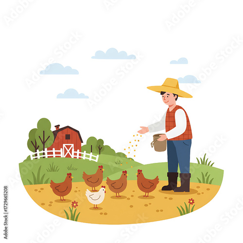 Farmer Feeding Chickens on Rural Farm Landscape Illustration