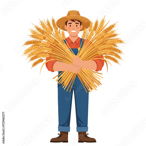 Happy Farmer Holding Golden Wheat Harvest Illustration Agricultural Worker